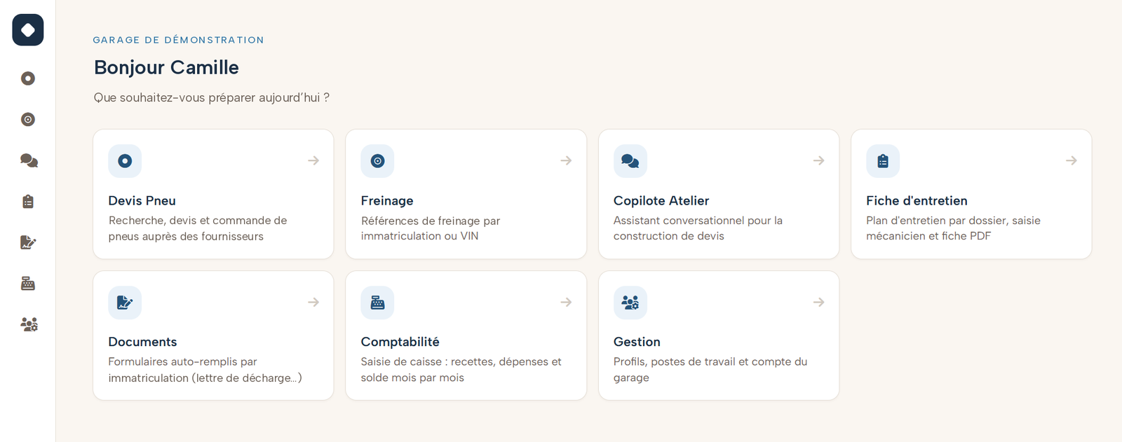 Tableau de bord d’Ilypsis : modules Devis pneu, Freinage, Copilote atelier, Fiche d’entretien, Documents, Comptabilité et Gestion